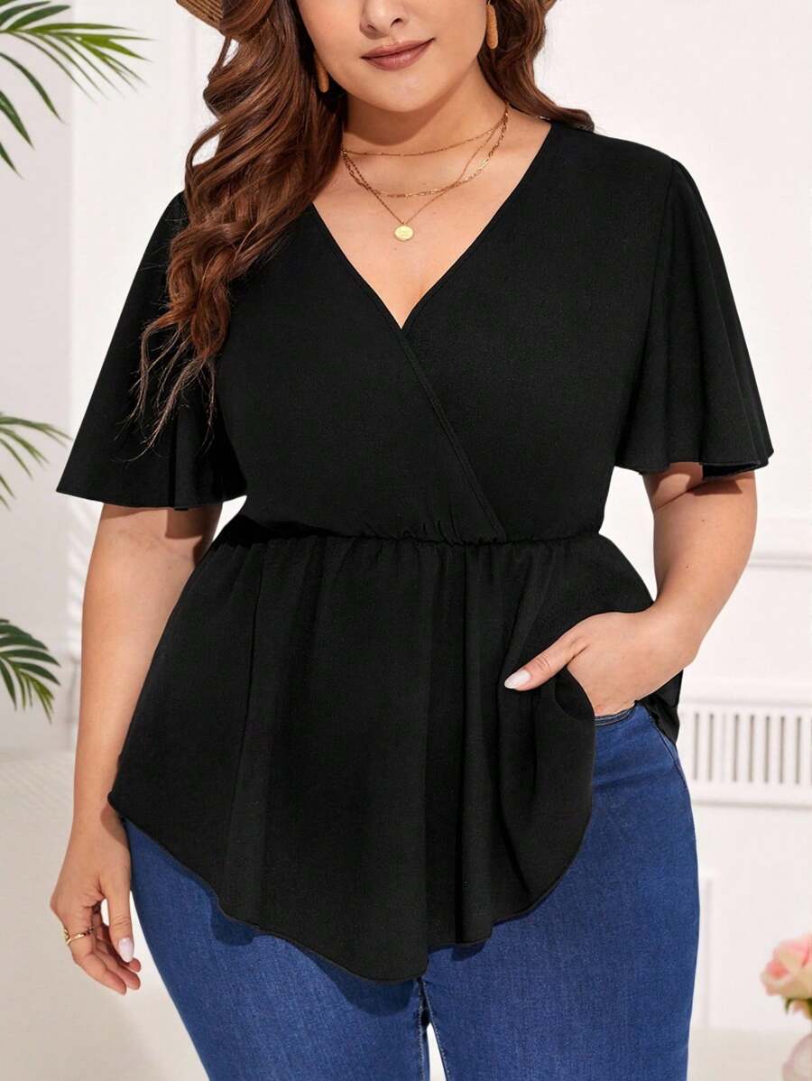 Reflora 大碼素色圍裹胸襟荷葉邊下擺襯衫