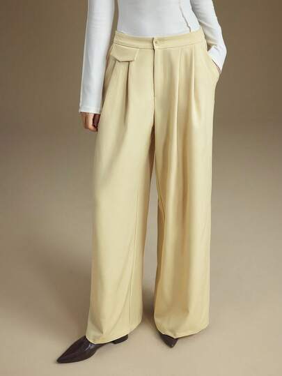 Ontre Women's Wide Leg Pants,Beige,Summer,Business Casual,Office,2025 Modern Urban Style Khaki Cream Yellow Soft Fabric Flap Pockets Commute Daily Wear