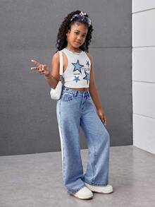 SHEIN Tween-Mädchen Y2K Leicht verwaschene Baggy-Denim-Hose mit geradem Bein und süßer Tasche mit Schleifenmuster, Boho-Urlaub im Sommer, lässige Rave-Outfits für Sommerkonzertfestivals, Outfits für Sommerbrunch und Kirchenabschluss - Mittele Waschung - Übersicht 6