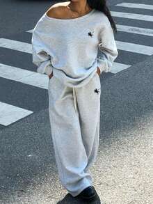 SHEIN EZwear Bộ 2 áo nỉ trễ vai rộng rãi và quần dài thể thao ống rộng cho nữ, lót nhiệt dày, thích hợp cho mùa thu/đông, mùa thu - Xám - Xem 4