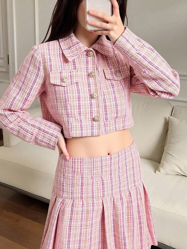 Tween Girl Plaid Print Flap Detail Tweed Jacket & Pleated Skirt & Hat