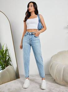 EURMUSE HIGH RISE MOM FIT LIGHT BLUE JEAN PETITE - Medium Wash - View 4