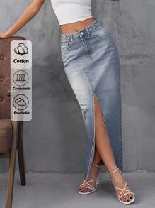 EURMUSE FALDA LARGA DE MUJER DE CINTURA ALTA CON DETALLE DE ABERTURA - Lavado ligero - Ver 1