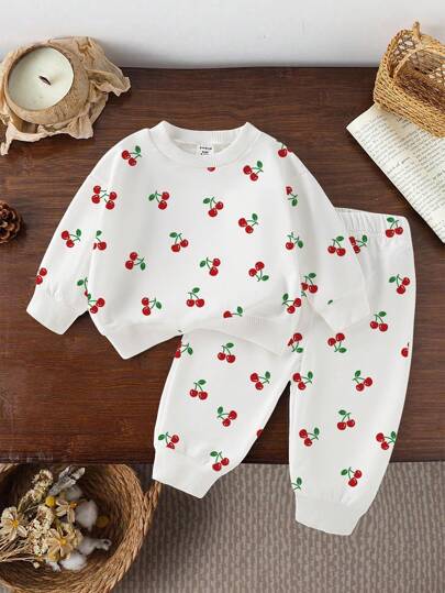 SHEIN Vintaside Kids 秋季女婴樱桃印花长袖圆领卫衣和运动长裤两件套，日常穿搭必备