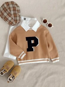 Young Boy PrepCrw Letter Print Crew Neck Long Sleeve Sweater Boys Brown Sweater Preppy For Fall Autumn Winter, Casual Varsity Sweaters - Multicolor - View 1
