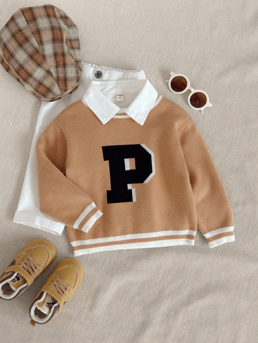 Young Boy PrepCrw Letter Print Crew Neck Long Sleeve Sweater Boys Brown Sweater Preppy For Fall Autumn Winter, Casual Varsity Sweaters - Multicolor - View 1