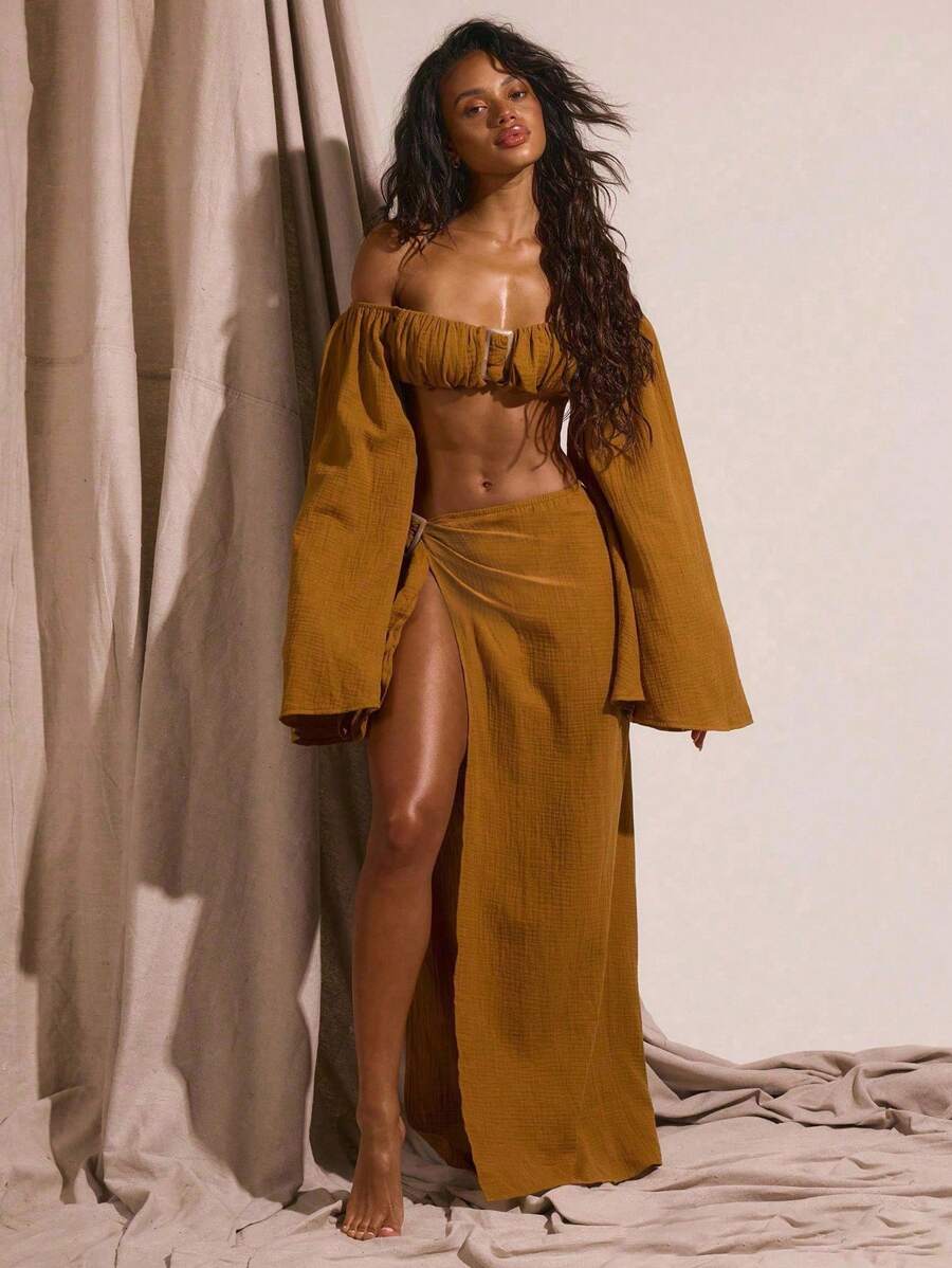 Musera Resort Cheesecloth Sarong Tie Side Maxi Skirt Only Spring Summer Vacation Sexy Boho Ibiza Festival Beach Swim Cover Up Elegant Party - Brown - View 1