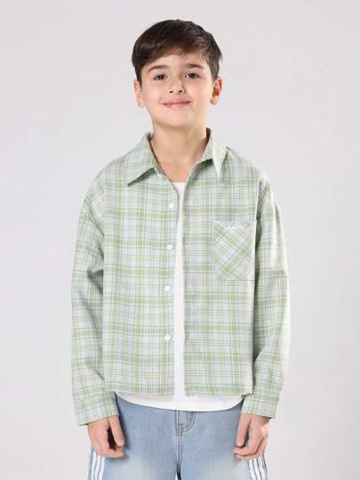 SUMWON Boys Plaid Button Down Shirt Collared Long Sleeve Casual Fall Winter Spring Classic Checkered Loose Fit Preppy School Top Youth Leisure Shirt