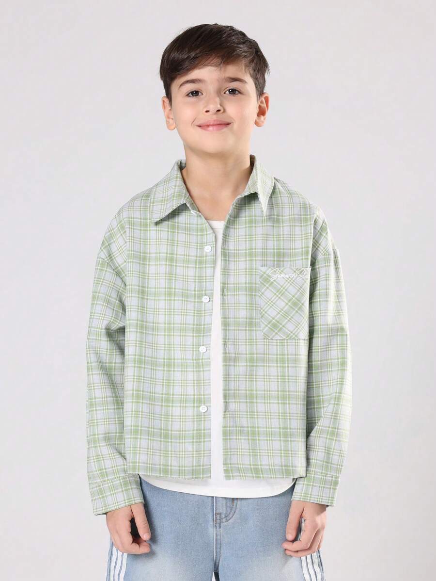 SUMWON Boys Plaid Button Down Shirt Collared Long Sleeve Casual Fall Winter Spring Classic Checkered Loose Fit Preppy School Top Youth Leisure Shirt