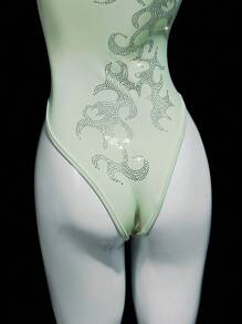 SHEIN ICON 女士绿色水钻装饰前后镂空高领紧身衣 - 黑色 - 查看 5