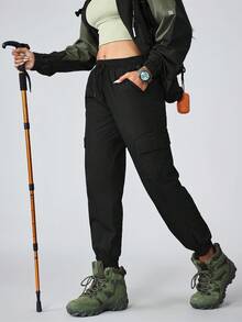 Flexra 女式抽绳腰带口袋锥形休闲牛仔裤 - 黑色 - 查看 6