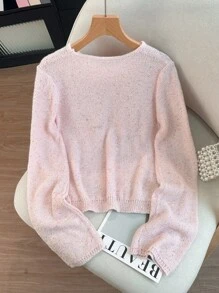 GlowEve Áo len chui đầu tay loe đính sequin và ngọc trai mềm mại & tinh tế, màu hồng, áo chui đầu dệt kim mùa xuân/thu thu đông - Hồng - Xem 2