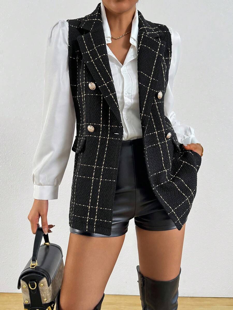 Chiquease Winter Coat Fall Clothes For Women Old Money Outfits Women Tweed Sleeveless Thin Jacket With Suit Collar Design For Women. Classic Plaid Texture. Vest Style For A Neat And Slim Look. - Black - View 1