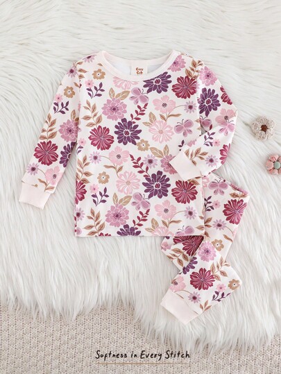 Cozy Pixies Baby Girl Floral Print Knit Soft Round Neck Long Sleeve Top And Elastic Waist Leggings 2 Pieces Pajama Set
