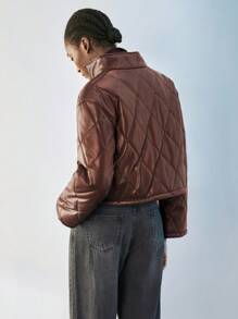 Maija Áo khoác chần bông cổ đứng tay dài màu trơn dành cho nữ Áo khoác ngắn màu nâu Áo khoác màu nâu cho mùa thu/đông - Cà phê nâu - Xem 3