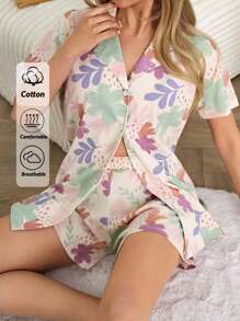 Conjunto de 2 piezas de mujer de algodón con estampado de flores, blusa de manga corta y shorts para usar en casa