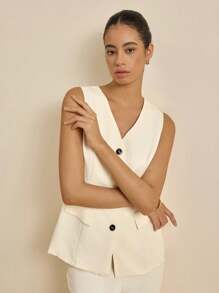 Airaco 2 件套女士无袖简约背心和裤子套装，适合日常休闲穿着 - 米色 - 查看 5