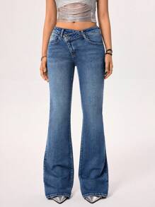 Rivivi 女式不对称腰部喇叭牛仔裤 - 藍色 - 查看 4