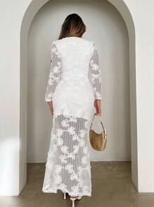 Xyvia Women's Floral Jacquard Hollow Out Design Long Sleeve Slim Fit Sexy Dress Fall Cloth For Women