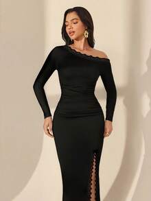 Chiquease Women's Elegant Lace Patchwork Oblique Shoulder Slim Fit Long Dress, Black Fall Cloth For Women - Black - View 4