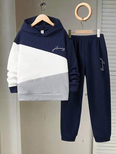 SHEIN Tween Boy Outfit - Hoodie And Sweatpants Set, Oversized Sweatshirt, Button-Up Shirt, Casual Sporty Suitable For School, Commute, Daily Wear
