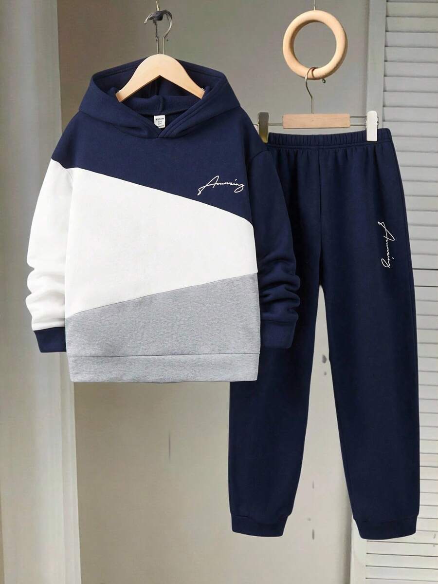 SHEIN 青少年男孩服装 - 连帽衫和运动裤套装、超大号运动衫、纽扣衬衫、休闲运动装，适合上学、通勤、日常穿着 - 灰色 - 查看 1