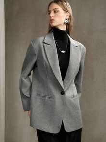 SHEIN LUNE 女士V领宽肩宽腰大衣，日常通勤长袖大衣，秋季商务休闲办公穿着 - 灰色 - 查看 1