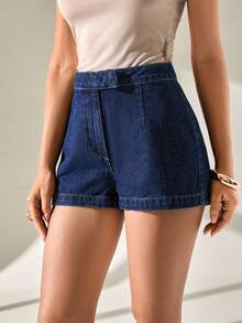 CLARA VERO WOMEN ELEGANT MID WAIST MINI DENIM SHORT WITH PLEAT DETAIL - Dark Wash - View 4
