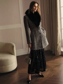 MOTF PREMIUM TWEED KONTRAST KUNSTPELZ GEGÜRTETER MANTEL - Schwarz - Übersicht 5