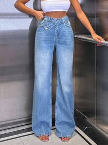 EURMUSE 100% Cotton High Waist Asymmetric Belt Wideleg Jean - Medium Wash - View 8