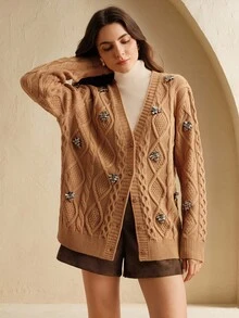 Anewsta 女士时尚蜜蜂水钻装饰长袖针织开衫，秋冬款 - 卡其色 - 查看 3