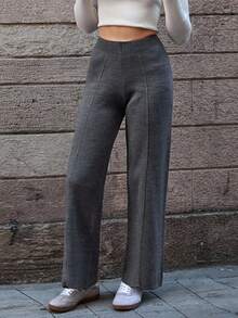 EURMUSE High-Waisted Knit Grey Pants Women With Center Seam Detail And Elasticated Ribbed Waistband Flare Leggings High Waist Pants Flared Pants Bell Bottom Pants Wide Leg Pants - Dark Grey - View 1