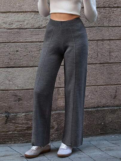 EURMUSE High-Waisted Knit Grey Pants Women With Center Seam Detail And Elasticated Ribbed Waistband Flare Leggings High Waist Pants Flared Pants Bell Bottom Pants Wide Leg Pants