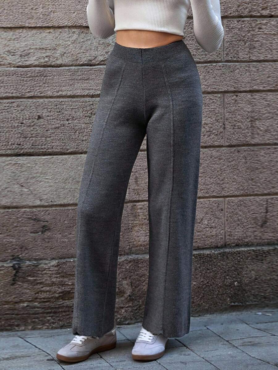EURMUSE High-Waisted Knit Grey Pants Women With Center Seam Detail And Elasticated Ribbed Waistband Flare Leggings High Waist Pants Flared Pants Bell Bottom Pants Wide Leg Pants - Dark Grey - View 1