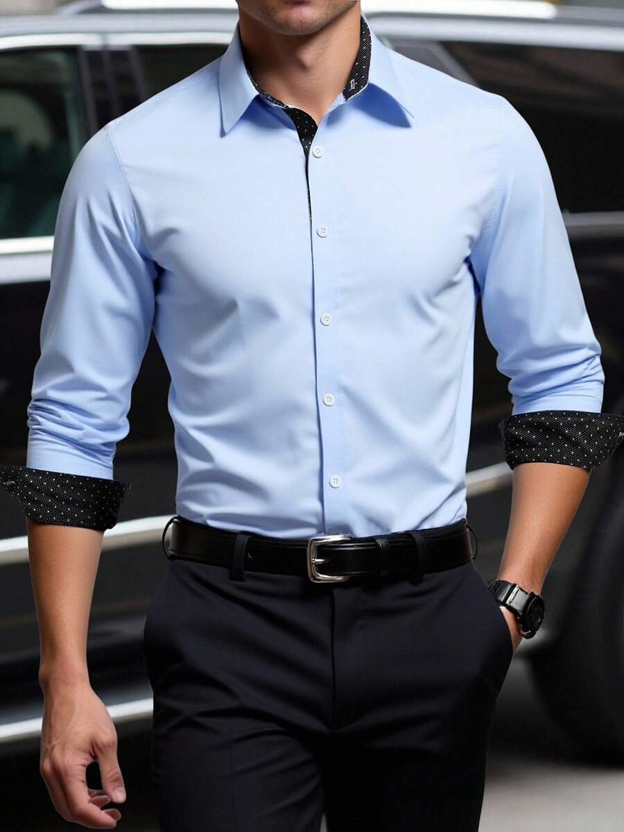 Calvornis Men's Casual Commuter Colorblock Patchwork Long Sleeve Shirt, For Fall - Blue - View 1