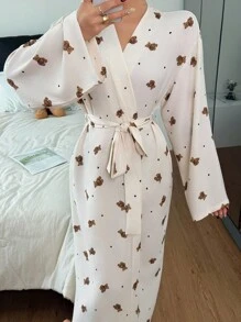 Dream Adore Cute Bear & Heart Print Women Long Sleeve Robe, Fall  Cozy And Elegant Details - Apricot - View 5