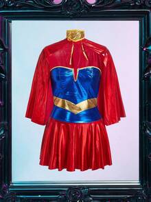 3 件套女超人深 V 人造皮革连衣裙 + 头饰 + 斗篷，修身拼接女式服装 - 彩色 - 查看 6