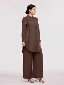 Veilorie 2 件套：女士休闲优雅撞色蕾丝纽扣衬衫和裤子 - 咖啡棕 - 查看 4