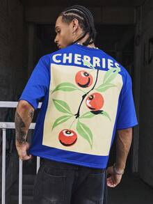 PAVTROS Manfinity Streetrush Herren Vintage Kirschprint T-Shirt, Strick Rundhals Tee, locker geschnittener Crop Fit, lustiges Kirsch Grafik Design, geeignet für Lässig, Streetwear, Training, Schulanfang, Mode, Geschenk, Freund Geschenk, Unisex