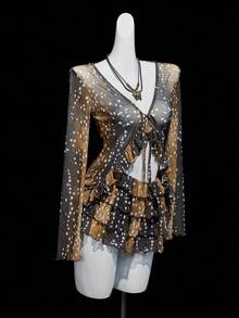 SHEIN ICON 2件套女式鹿印花开衫上衣和分层蛋糕短裤套装 - 棕色 - 查看 4