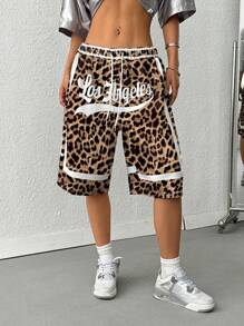 Short con cintura de cordón con estampado de leopardo de moda para mujer, de verano