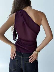 Aloruh Áo kiểu nữ thanh lịch màu trơn xếp ly lệch vai, áo mùa hè dáng suông kiểu giáo viên, áo voan xếp ly bất đối xứng màu tím lãng mạn cho buổi hẹn hò. - Màu tím - Xem 2