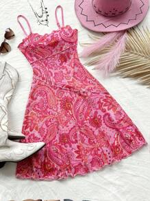 Soleia WYWH Women's Vacation Music Festival Bohemian Style Floral Print Mesh Fabric Bodycon Cami Dress - Multicolor - View 1