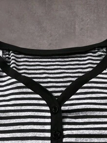 SHEIN EZwear 女式休闲条纹 V 领插肩袖短袖 T 恤，夏季 - 灰色 - 查看 3