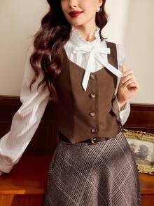Vintamour Áo kiểu nữ cổ điển thanh lịch cài nút, thích hợp mặc thường ngày/công sở/nghỉ lễ, dành cho nữ, phong cách công sở, trang phục công sở, trang phục phương Tây. - màu nâu - Xem 3
