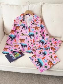 Discovery X SHEIN Women's Animal Print Long Sleeve Top And Pants Pajama Set, Fall Clothes