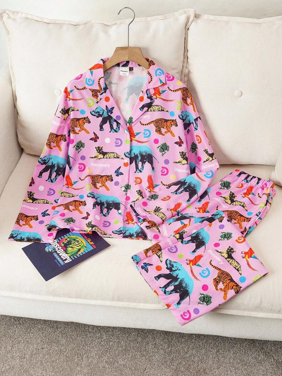 Discovery X SHEIN Women's Animal Print Long Sleeve Top And Pants Pajama Set, Fall Clothes