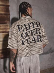 PAVTROS Manfinity Streetrush Men's Short Sleeve Boxy Silhouette Cut-Off Edge Woven Checkered Printed Button-Up Shirt Y2k Jacket Men Cropped Men's Shirt Men's Cropped Shirts Men Cropped Button Up Streetwear Men Shirts,Street Wear