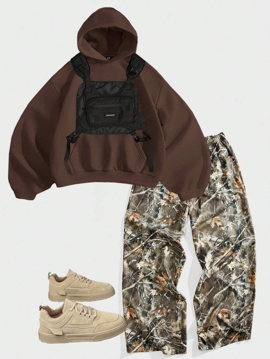 SHEIN Forever 21 男士宽松休闲浅灰色连帽套头卫衣，弧形超宽松袖子，适合徒步、迷彩、狩猎等场合。 - 鏽棕色 - 查看 1