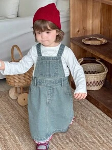 DAZY Baby Girls Solid Color Washed Casual Korean Style Denim Jumpsuit Dress Fall,Winter Toddler Girls Clothes - Blue - View 4